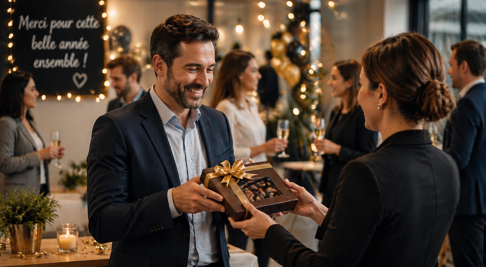 Un homme qui offre du chocolat à sa supérieure hiérarchique