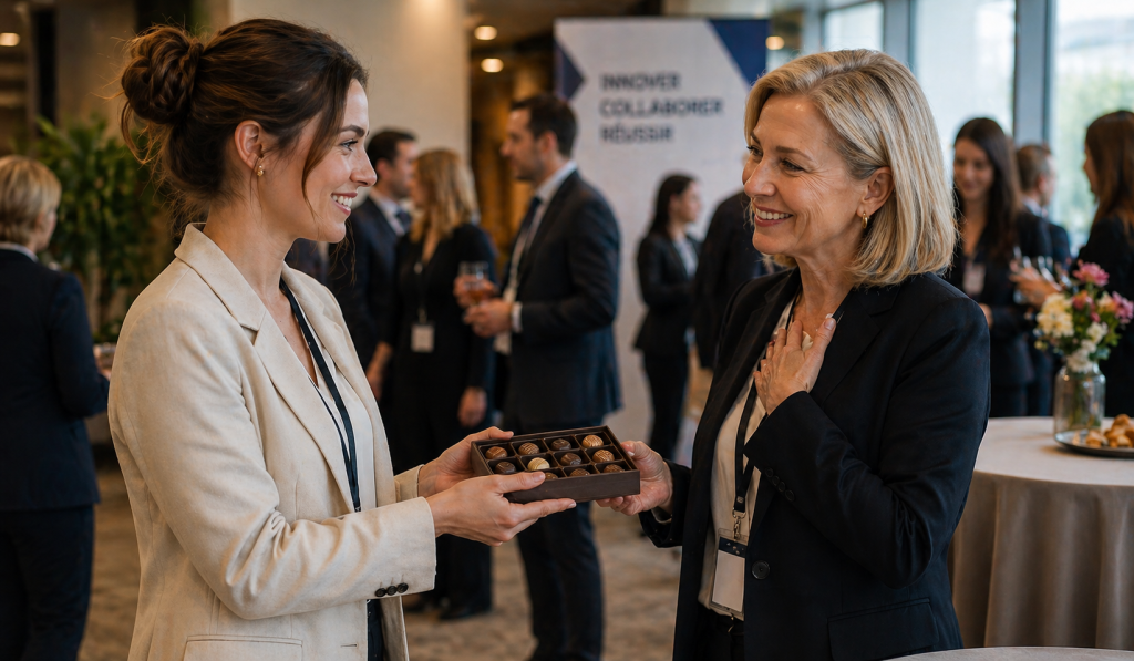 Une jeune femme qui offre du chocolat à sa supérieure hiérarchique