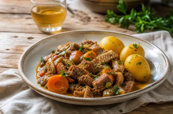 Tripes à la mode de Caen servies avec des pommes de terre vapeur et un verre de cidre