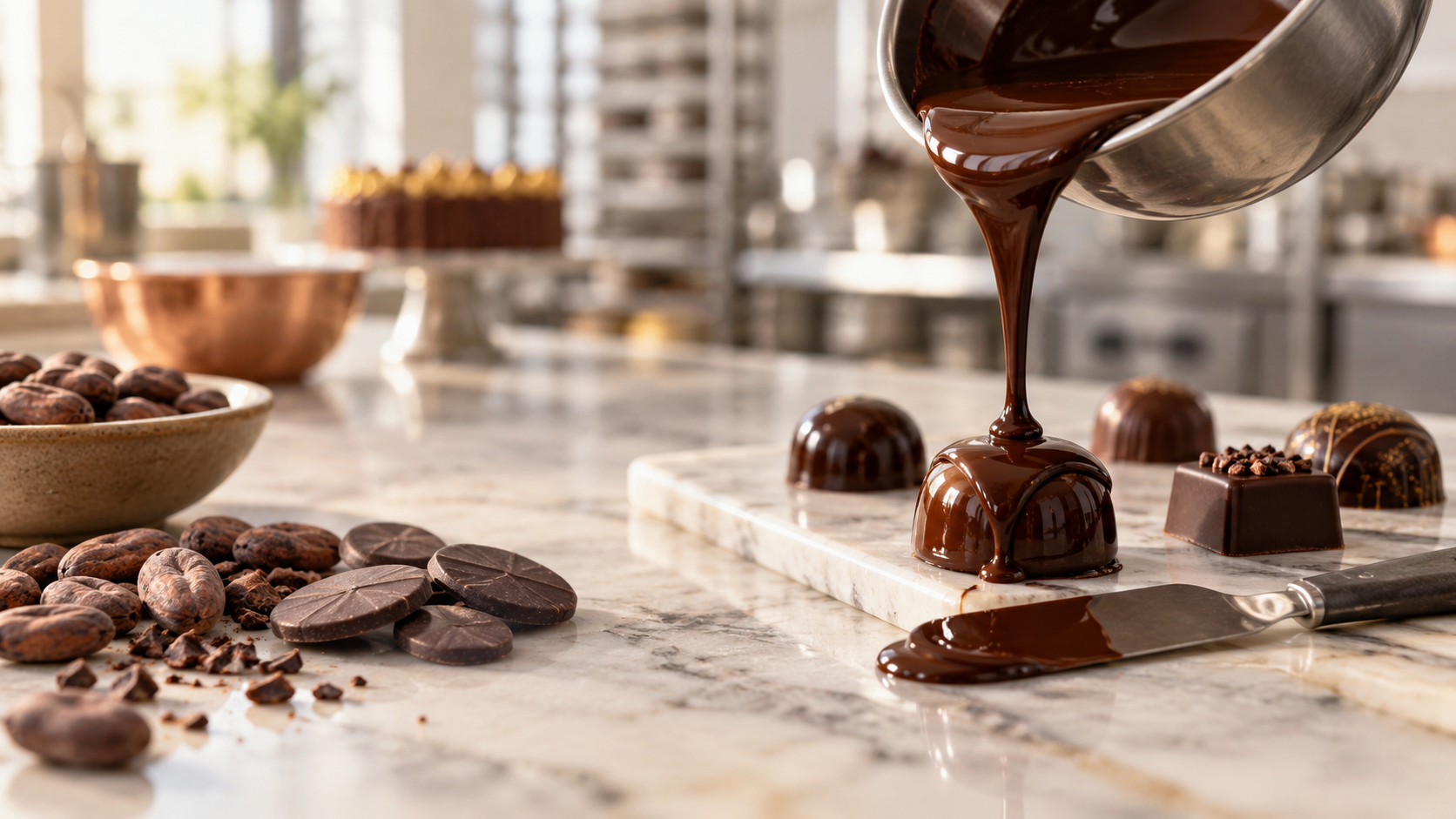 Chocolat noir fondu versé sur des bonbons artisanaux dans une cuisine de pâtisserie lumineuse