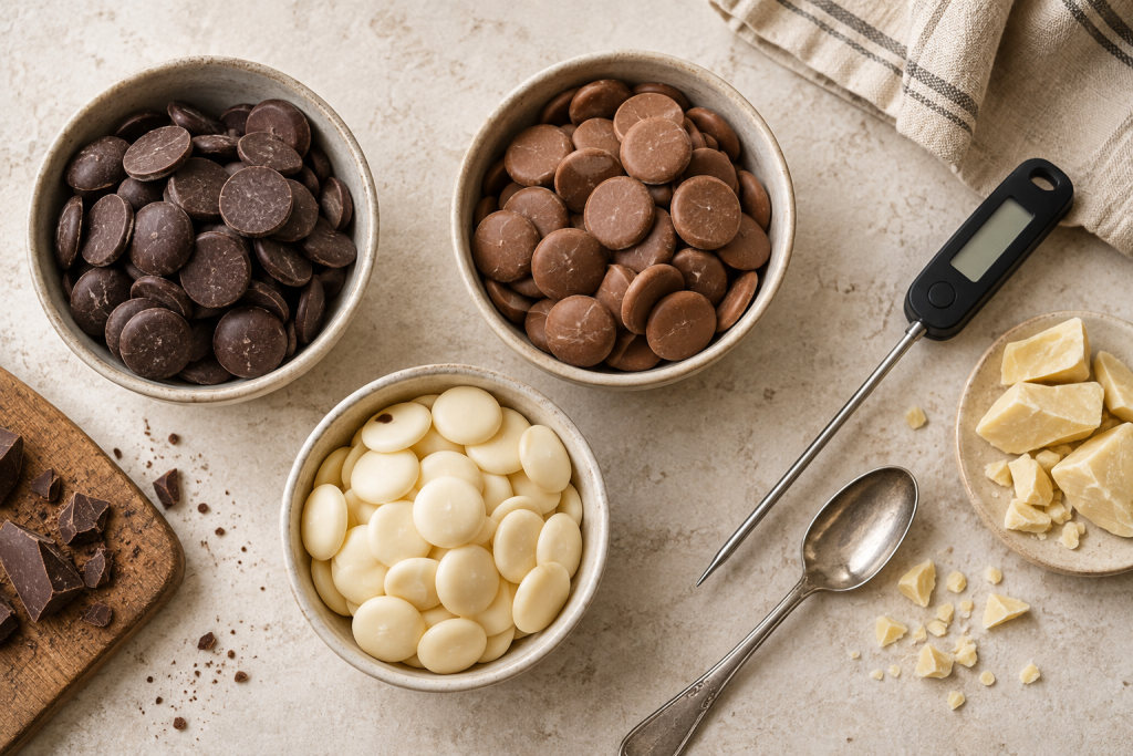 Pastilles de chocolat noir, au lait et blanc avec thermomètre de pâtisserie et beurre de cacao.