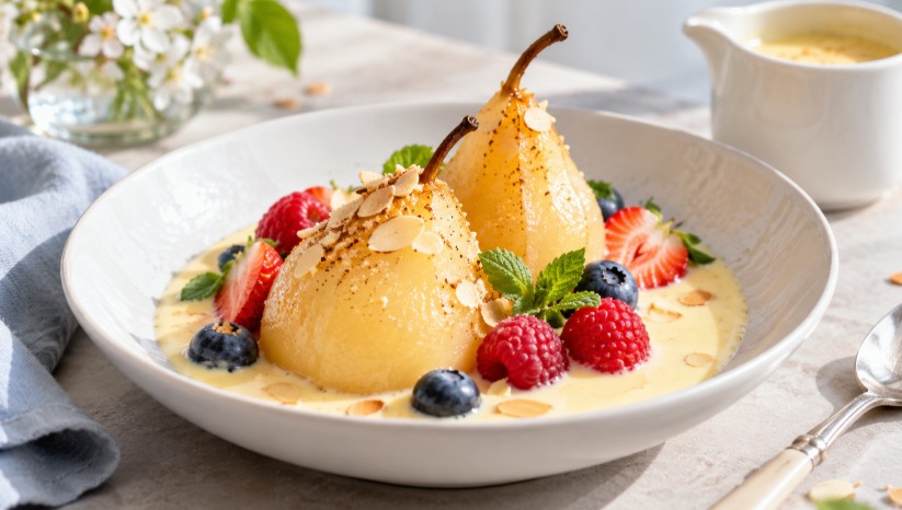 Poires pochées à la crème anglaise