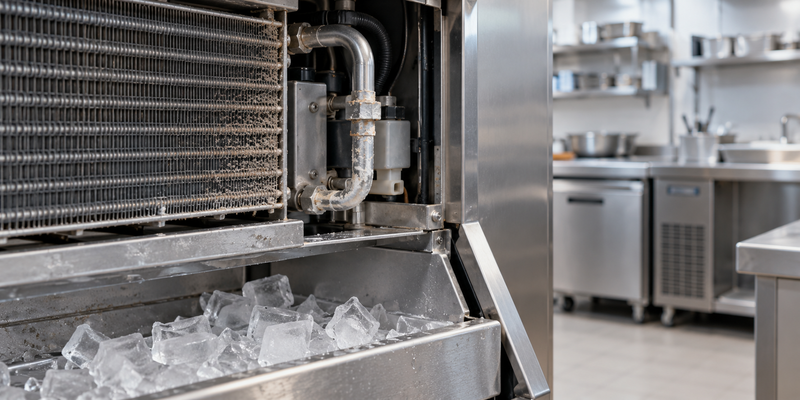 Condenseur et circuit d’eau d’une machine à glaçons avec des dépôts de calcaire visibles