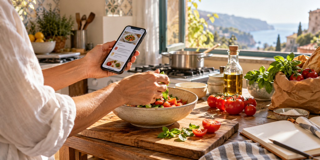 Personne préparant une salade dans une cuisine de location lumineuse, en suivant une recette sur son smartphone.