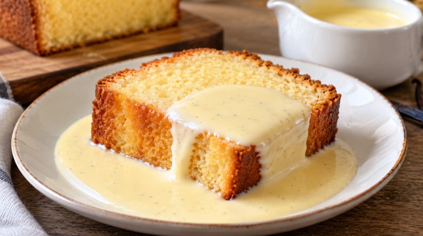 quatre-quarts maison accompagné de crème anglaise